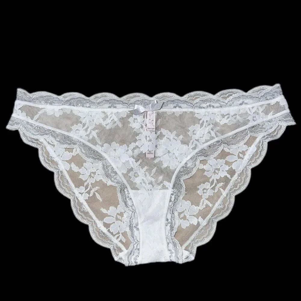 Victoria’s Secret Dream Angels lace & mesh cheekini panty white silver detail